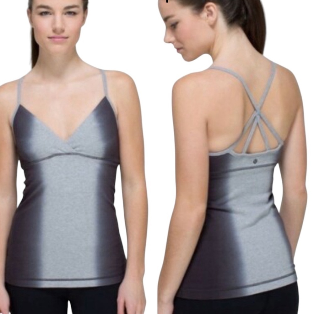 Lululemon Satya Tank Size 8 Heathered Cadet Blue Black Yoga Sleek Stretch Fit